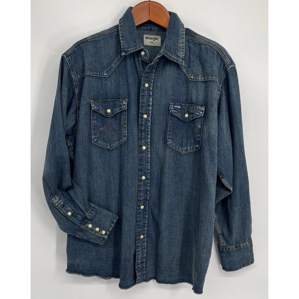 Wrangler Indigo Men's 2XL Denim Pearl Snap Shirt Western Long Sleeve Raw Hem